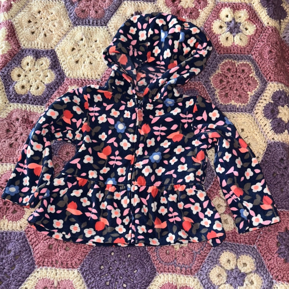 🎉Carter's Navy Hooded Floral Peplum Fleece Jacket w/ Pink & Coral Accents. F140